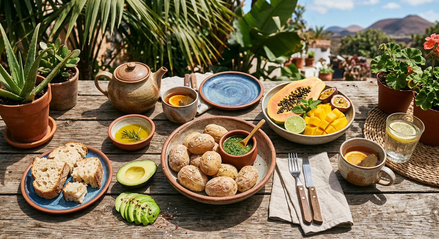 Overhead view of a colourful, nourishing shared brunch table