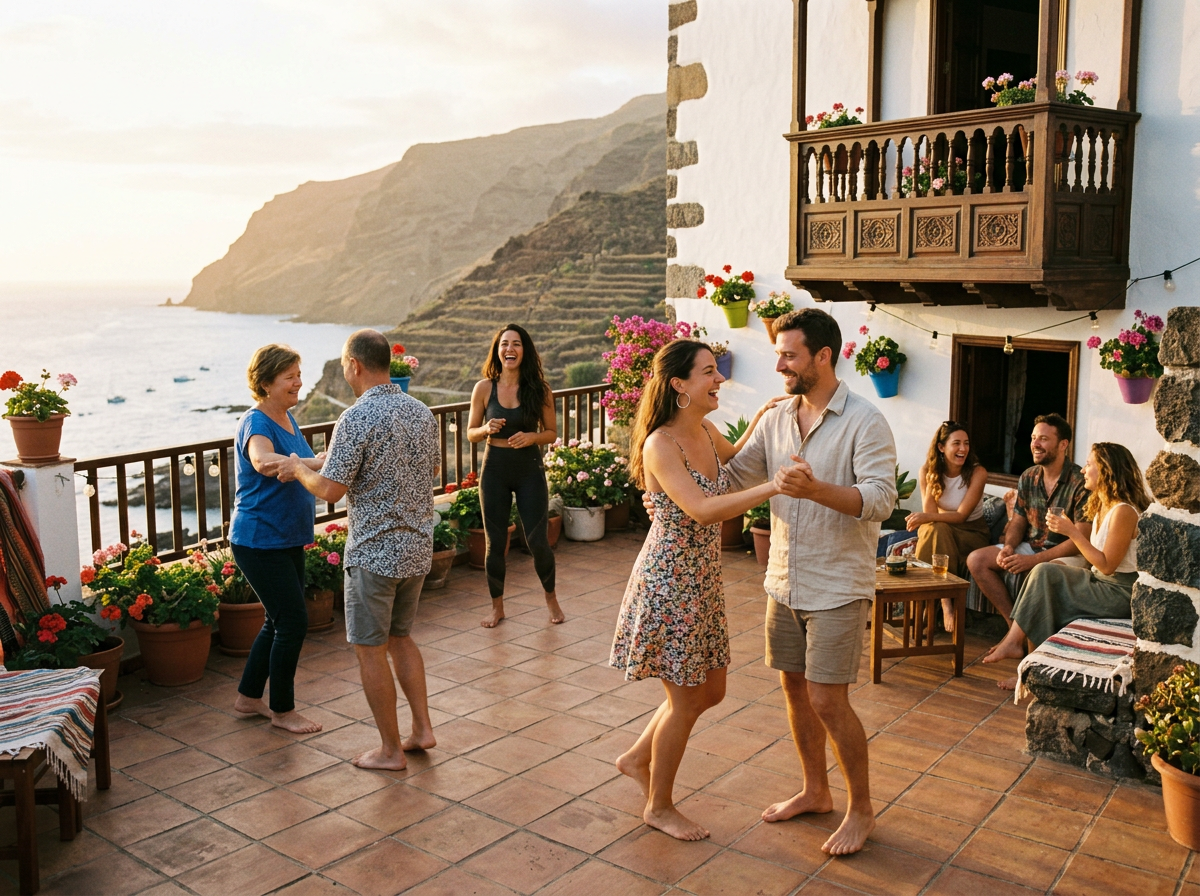 Small group learning salsa steps barefoot on a sunlit terrace with a traditional Canarian balcony behind