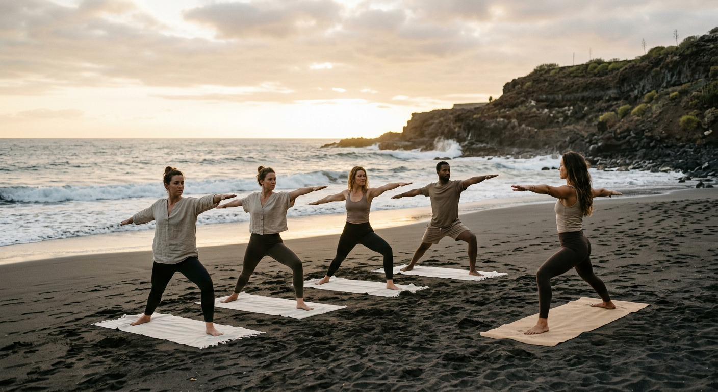 Small group practising yoga on a black volcanic sand beach at dawn
